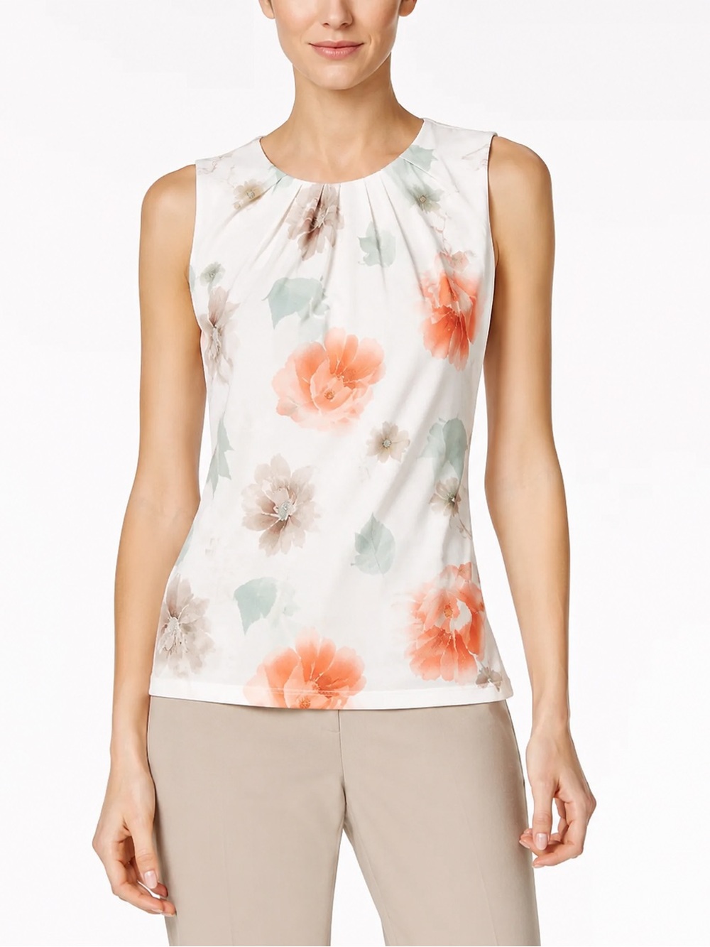 Calvin Klein CK Women’s Sleeveless Camisole Printed Pleat Neck Blouse Top L